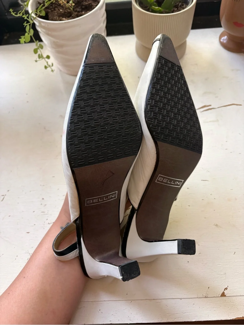 White and Black Leather Slingback Heels - Women's Fashion Pump